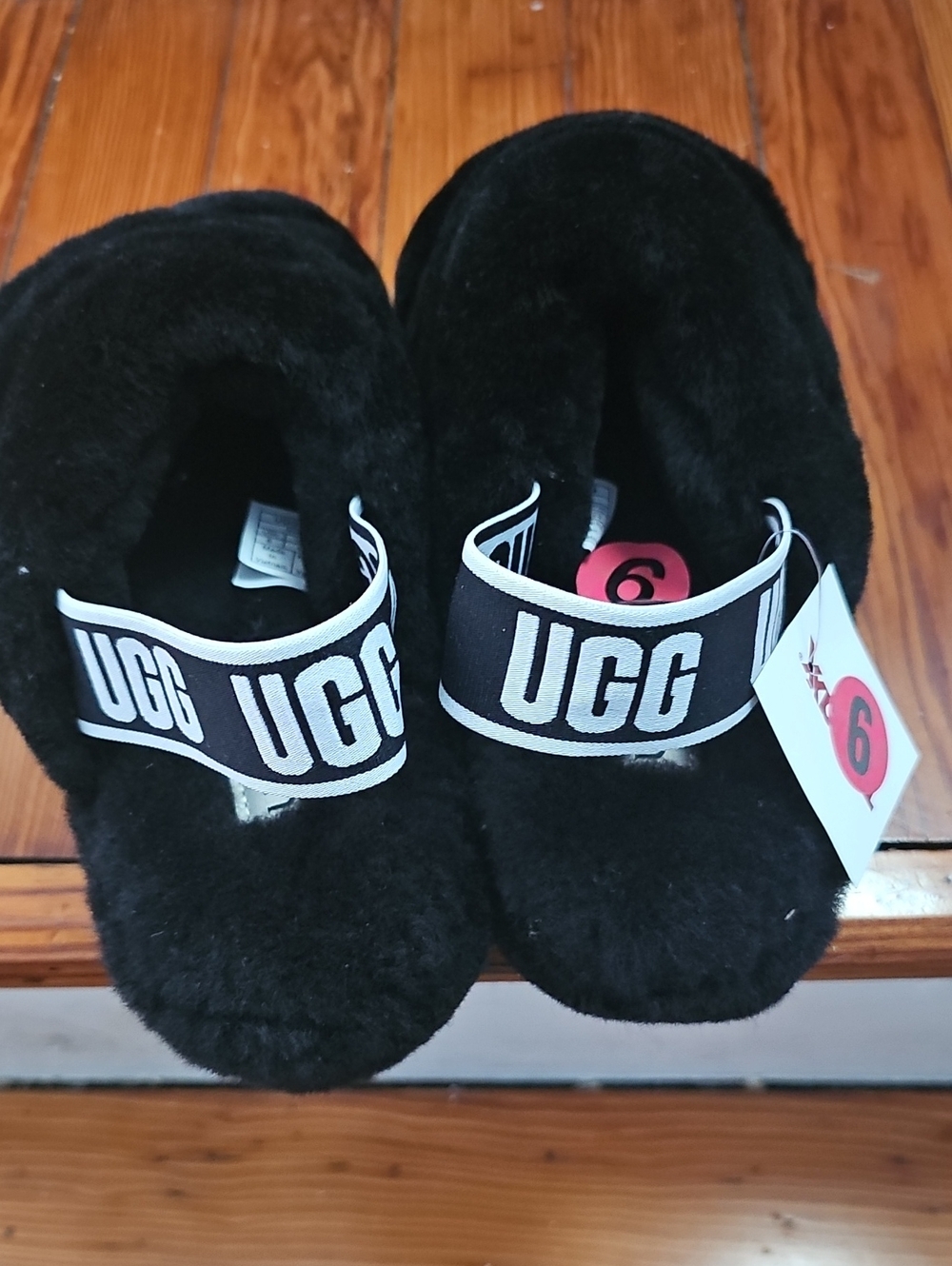 UGG Black Fluff Slide with Branded Elastic Strap - Picture 3 of 5